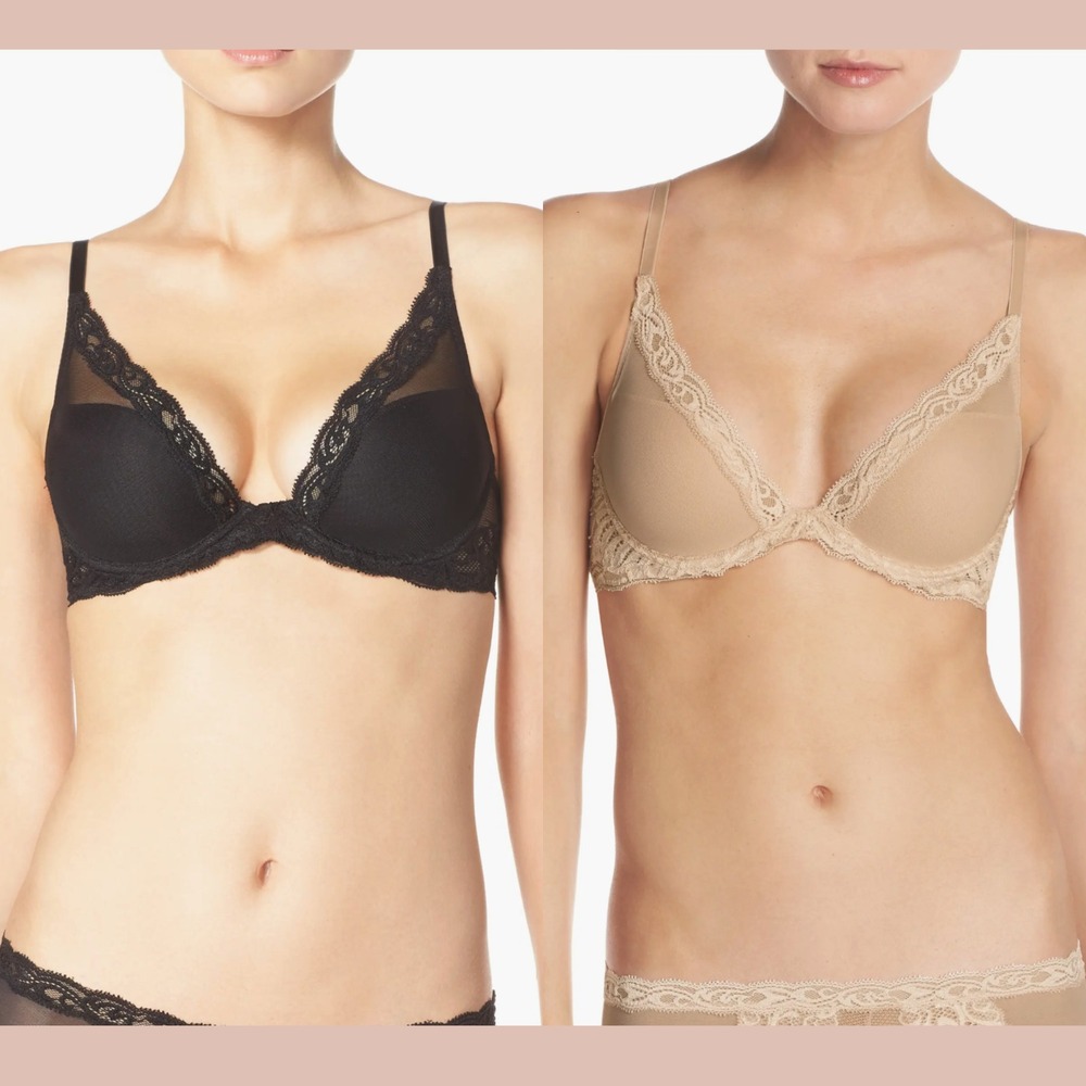 NEW $144 NATORI [ 2PC 30H US ] Feathers Plunge Mesh Bra‎ Cafe + Black T2095